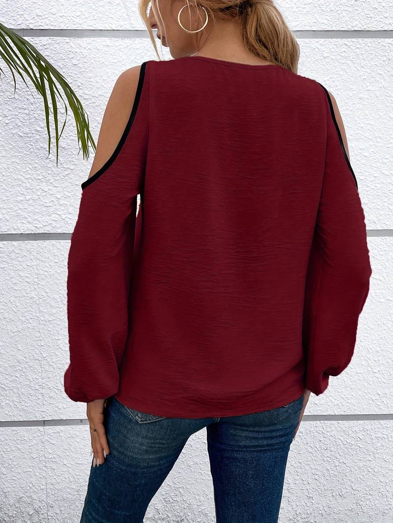 Damenbluse Farbblockdesign Quadratischer Ausschnitt Langarm Elegante Bluse für Festliche Anlässe-3