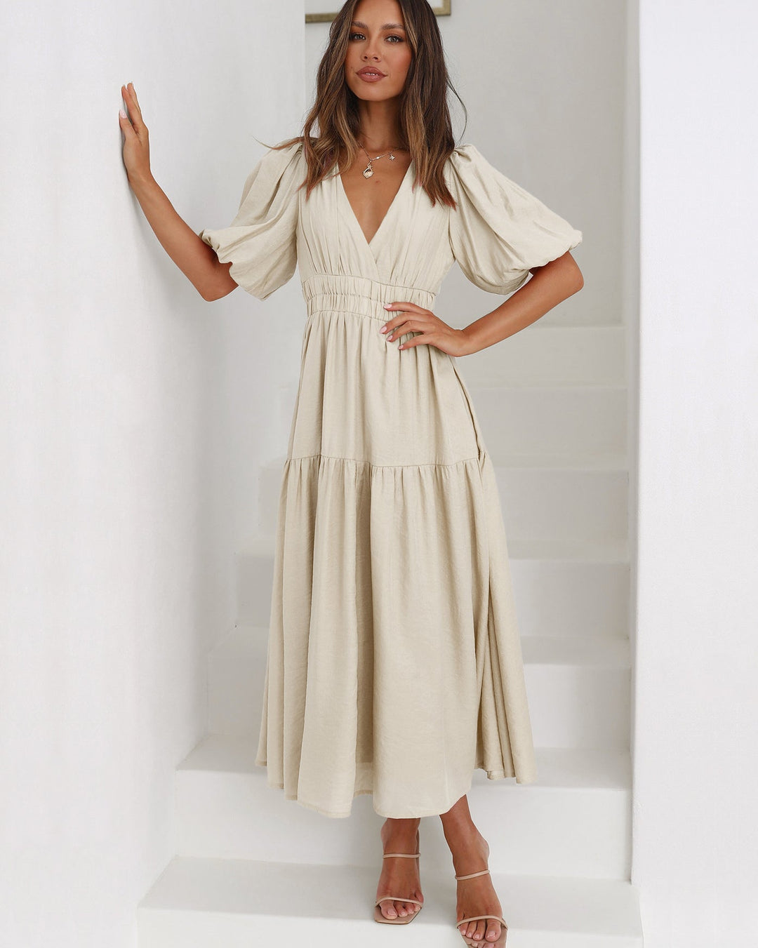 Variant image for Damen Kleid V-Ausschnitt Puffärmel Hochwertiger Stoff für Abendveranstaltungen-1