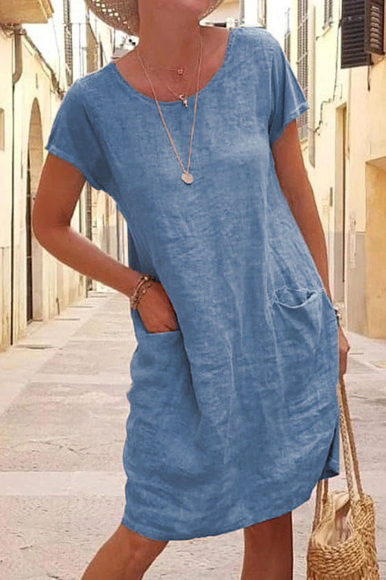 Damen Leinenkleid mit Rundhalsausschnitt und kurzen Ärmeln in einfarbig