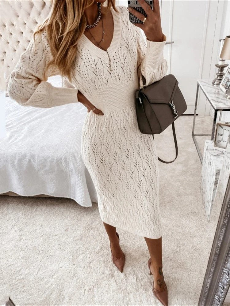 Damen Midi Kleid V-Ausschnitt Langarm Baumwollmischung-2