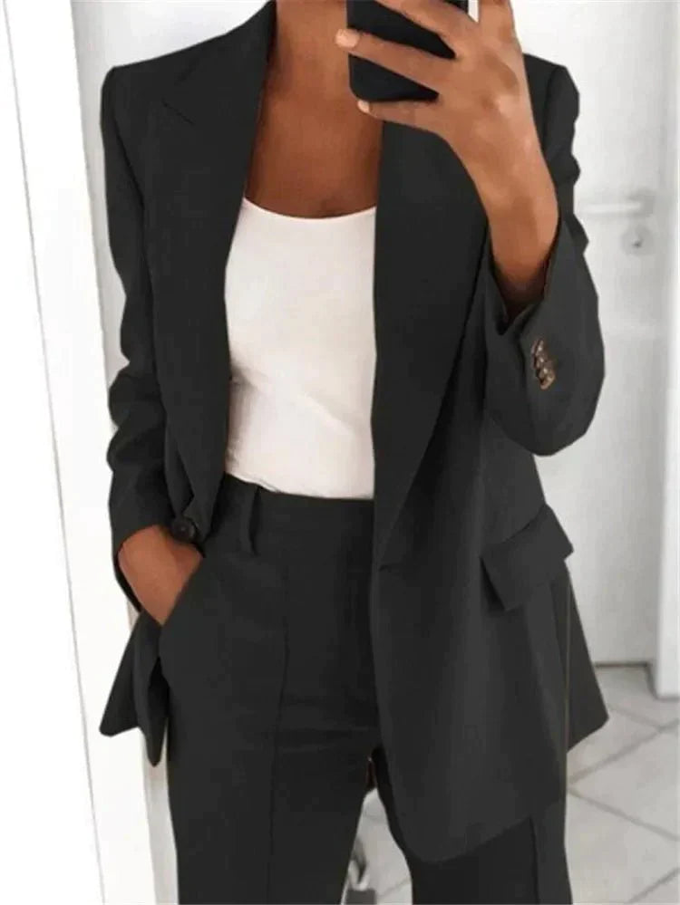 Variant image for Damenanzug Blazer Set Schwarz Elegant Weite Hosen Polyester-17