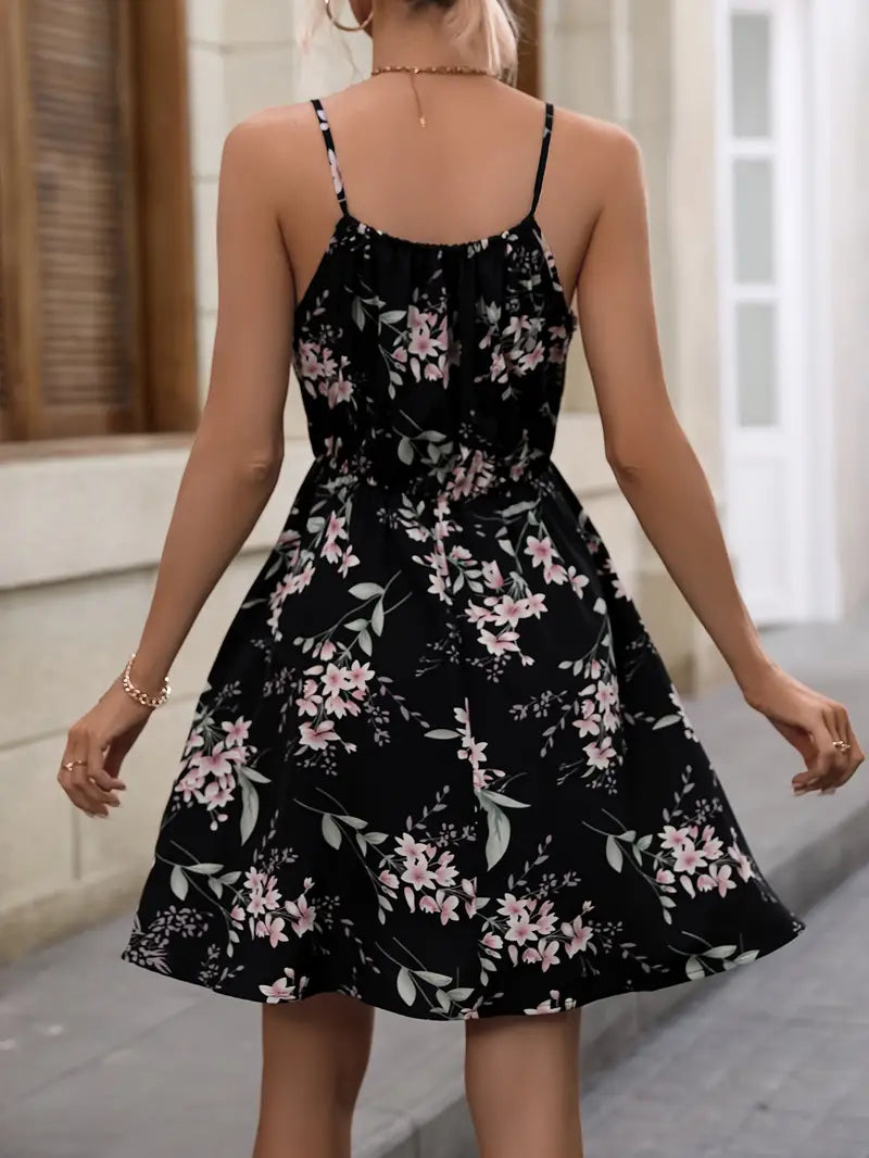 Damen Kleid Blumendruck Spaghettiträger Baumwolle für Sommerurlaub-4