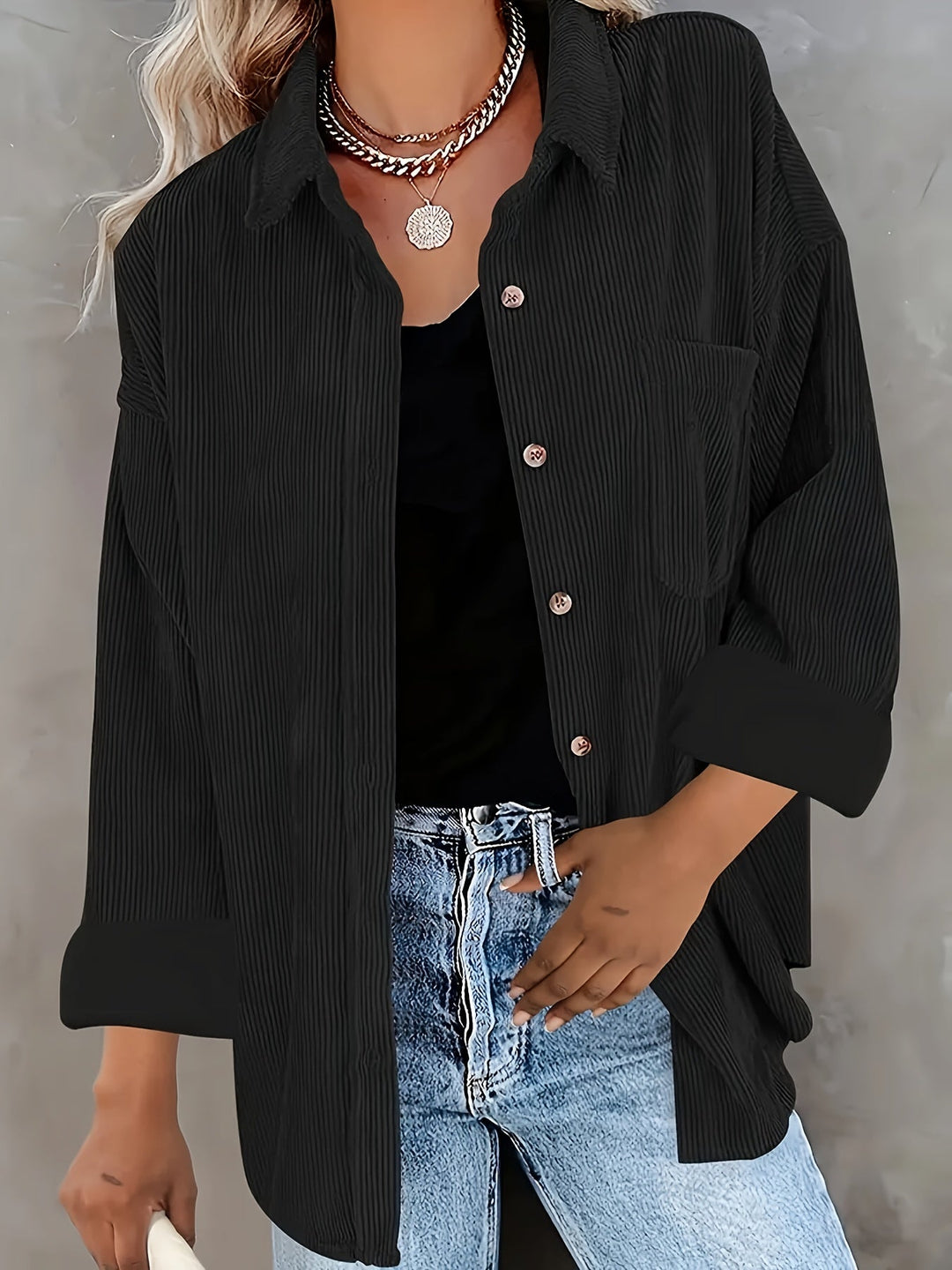 Variant image for Damen Cordhemd Beige Oversized Komfortabel Baumwolle-5