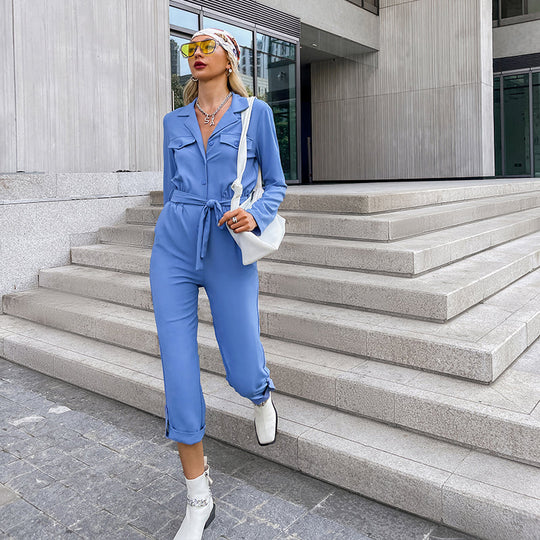 Damen Jumpsuit Elegant Festlich Polyester mit Klassischem Revers und Langem Arm-3