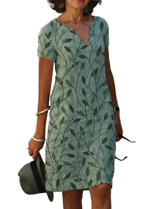 Damen Midi Kleid Atmungsaktives Material V-Ausschnitt Kurzarm Sommerkleid-1