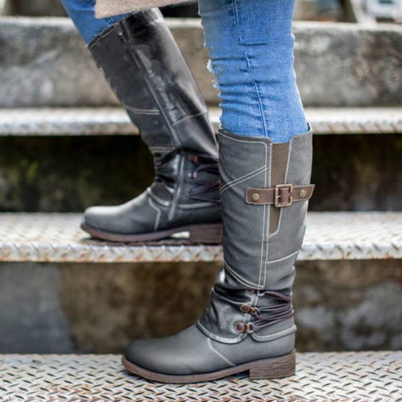 Damen Vintage Leder Zipper Stiefel