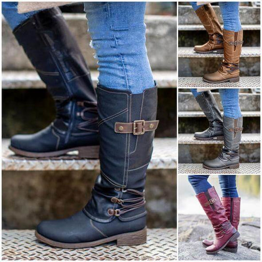 Damen Vintage Leder Zipper Stiefel