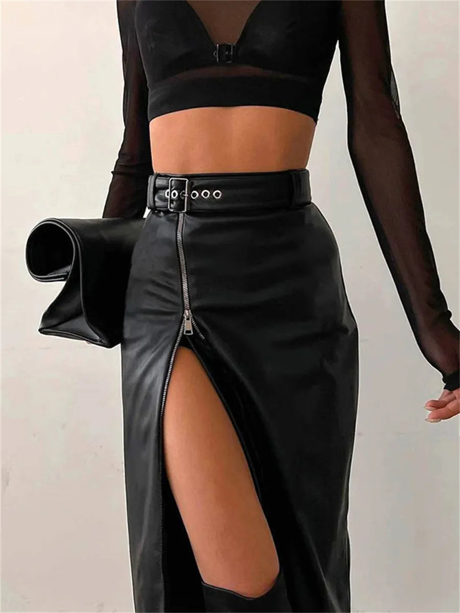 Damen Bleistiftrock Hohe Taille PU-Leder 2