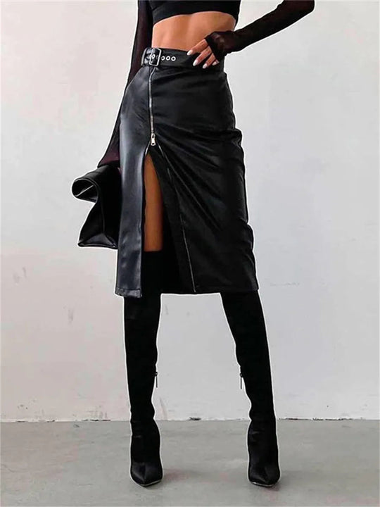 Damen Bleistiftrock Hohe Taille PU-Leder 5