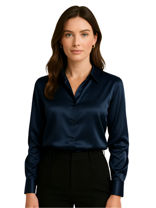 Damen Bluse Satin Knopfverschluss Elegant 0