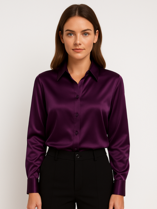 Damen Bluse Satin Knopfverschluss Elegant 4