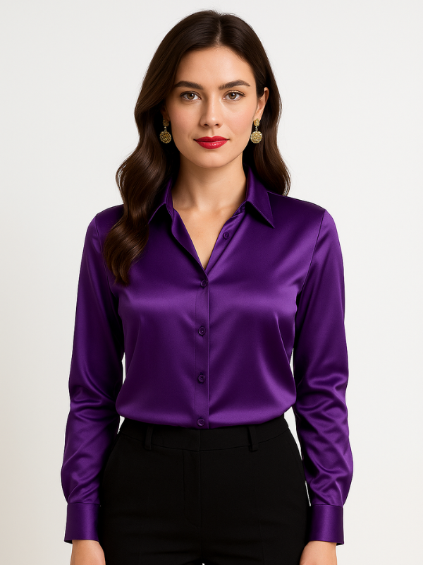 Damen Bluse Satin Knopfverschluss Elegant 5
