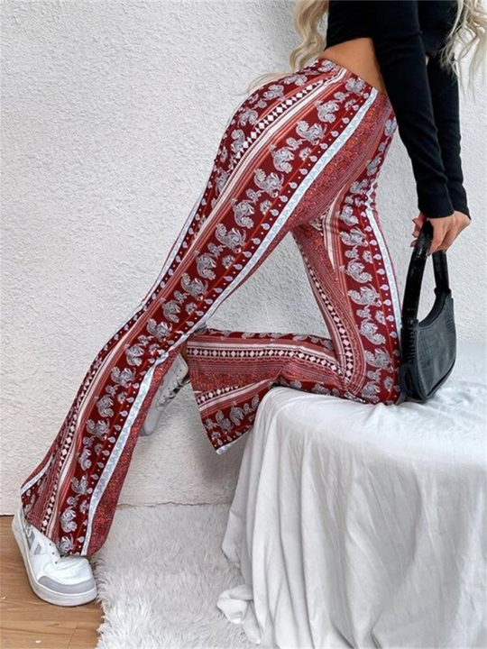 Damen Boho Druck Skinny Hosen mit Flared Beinen 8
