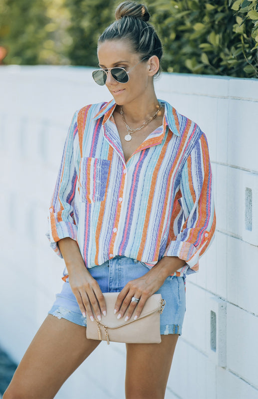 Damen Button-Up Oberteil Gestreift Leinen Mischung 1