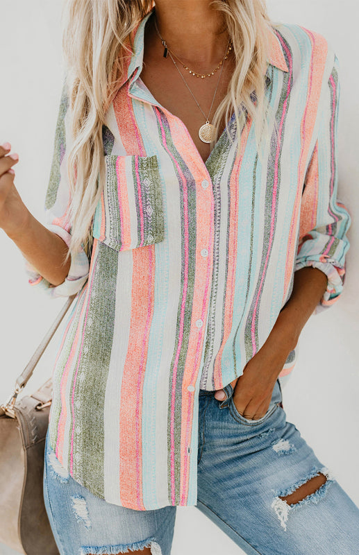Damen Button-Up Oberteil Gestreift Leinen Mischung 7