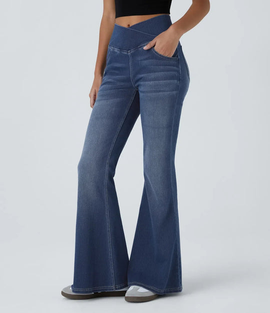 Damen Flared Pants Hochgeschnitten Elastisch Stoffhose 6