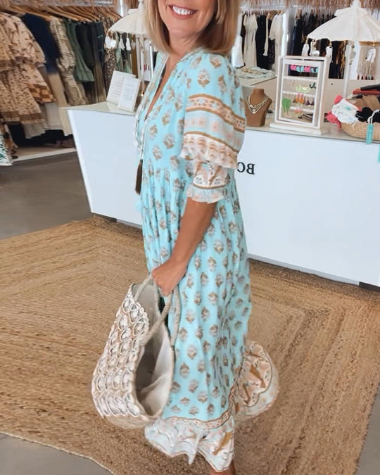 Damen Halbarm Kleid V-Ausschnitt Bedruckt aus Hochwertigem Stoff für Sommer und Freizeit 4