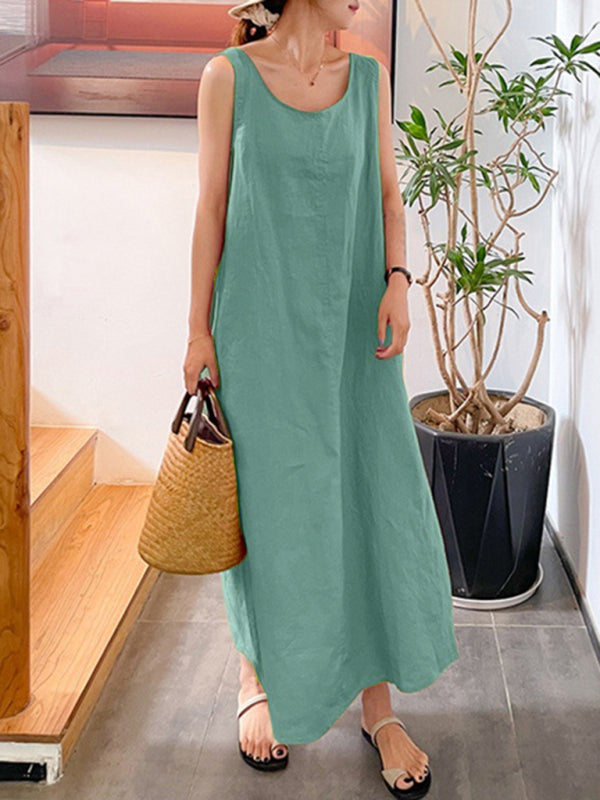 Damen Kleid Ärmellos Rundhals Lässig Baumwolle-Leinen-Mischung 3
