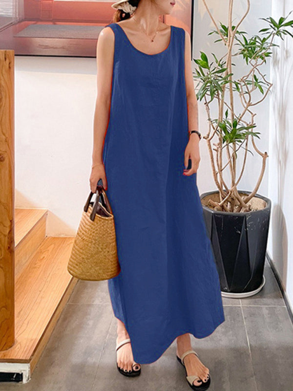 Damen Kleid Ärmellos Rundhals Lässig Baumwolle-Leinen-Mischung 6