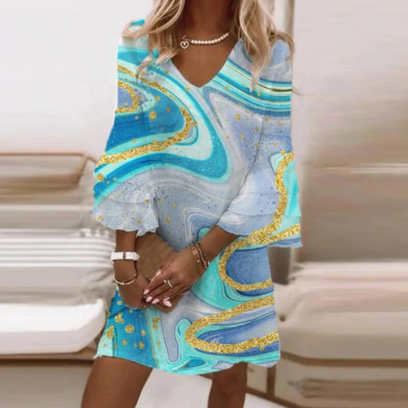 Damen Kleid Kurz V-Ausschnitt Marmorprint Leichtes Material 5