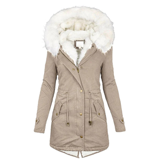 Damen Lange Winterjacke mit Kapuze und Fellkragen 0