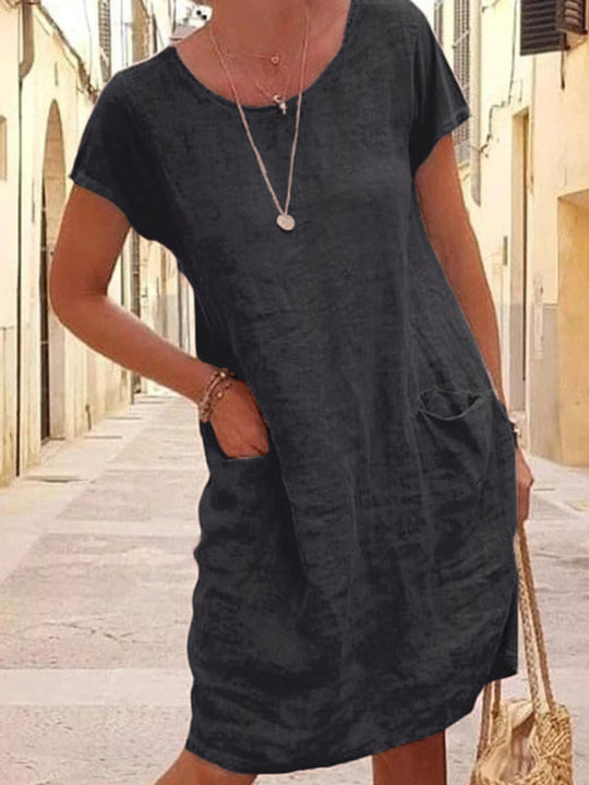 Damen Leinenkleid mit Rundhalsausschnitt und kurzen Ärmeln in einfarbig 2