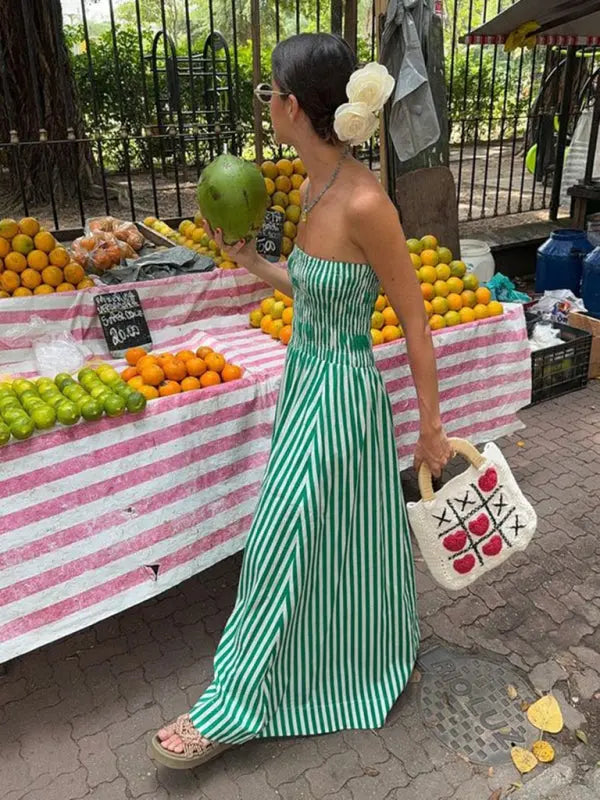 Damen Maxi Kleid Tube Top Gestreift Polyester für Sommerkleider 1