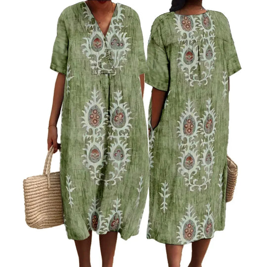 Damen Maxi Kleid V-Ausschnitt Kurzarm Digitaldruck 2