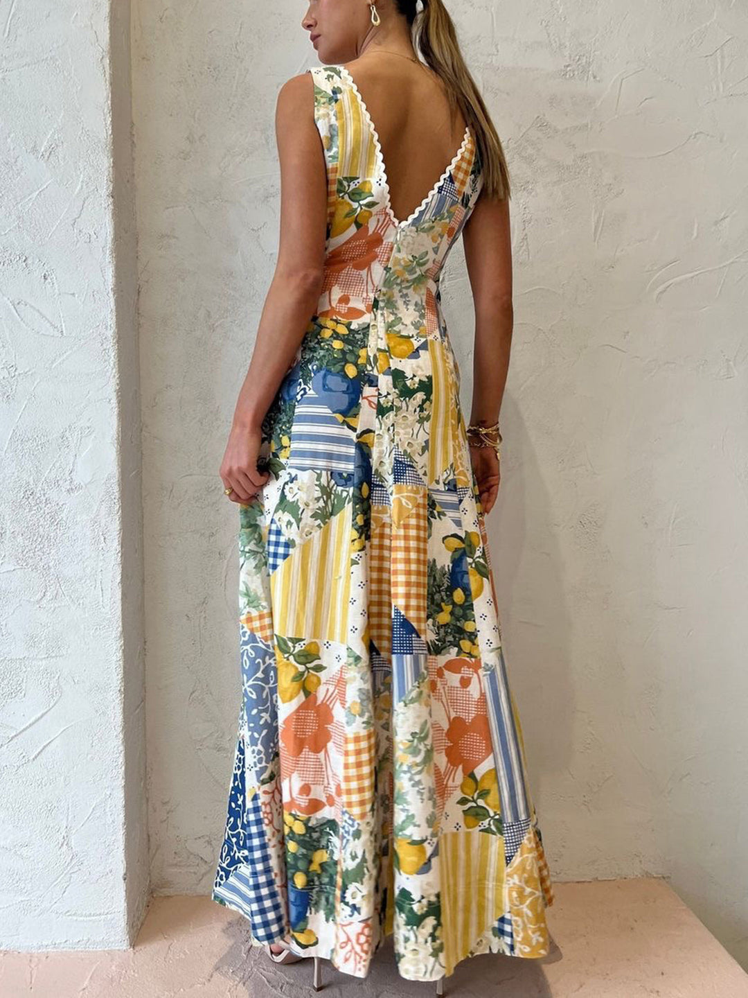 Damen Maxi Kleid V-Ausschnitt Patchwork Baumwollmischung 3