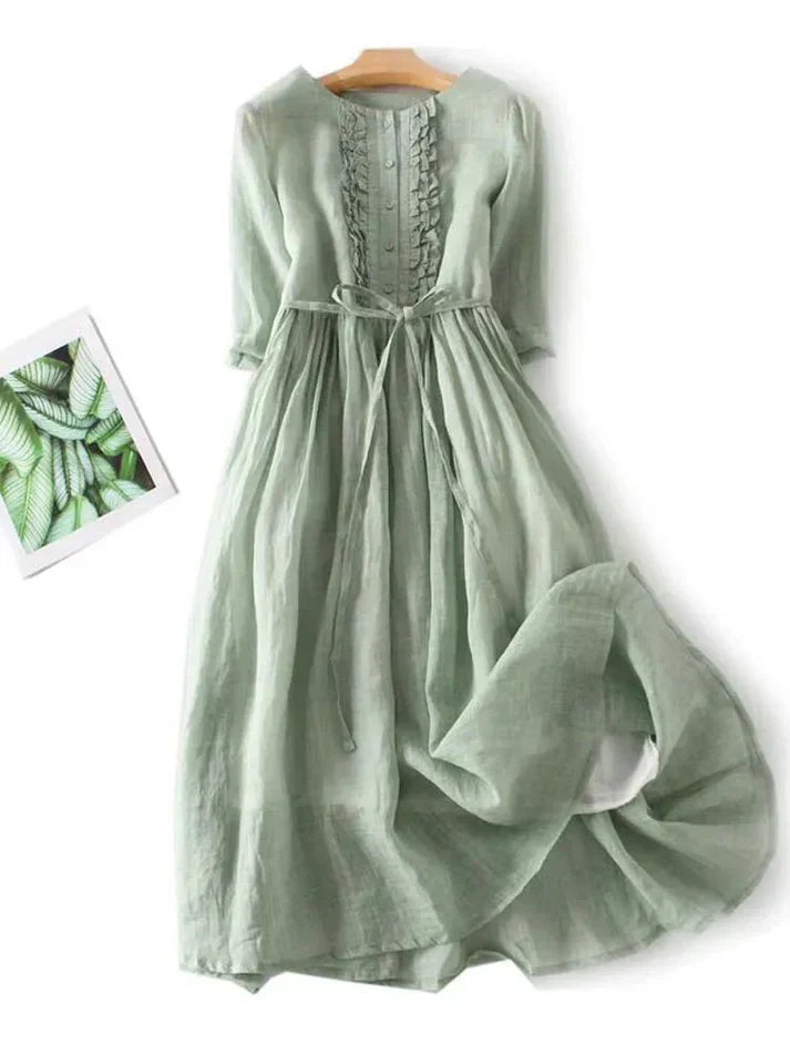 Damen Midi Kleid Bohemian Stil Leinen mit Rüschendetails 0
