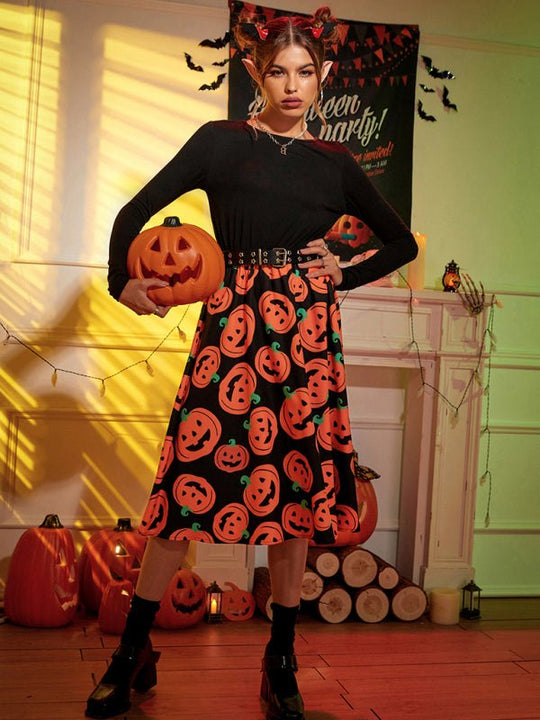 Damen Midi Kleid Kürbis Druck Hochwertiger Stoff 0