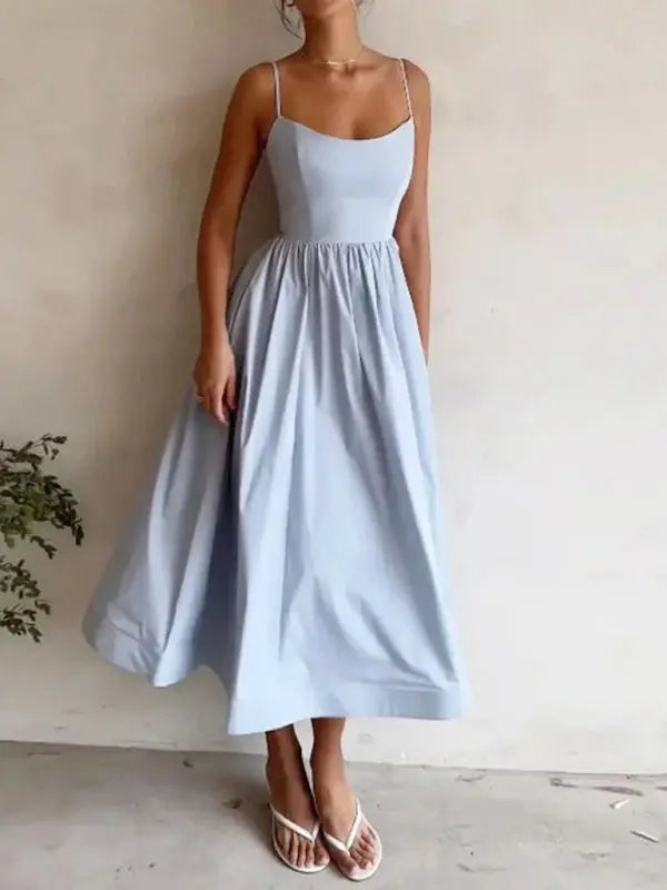 Damen Midi Kleid U-Ausschnitt Plissierte Spaghetti-Träger 5