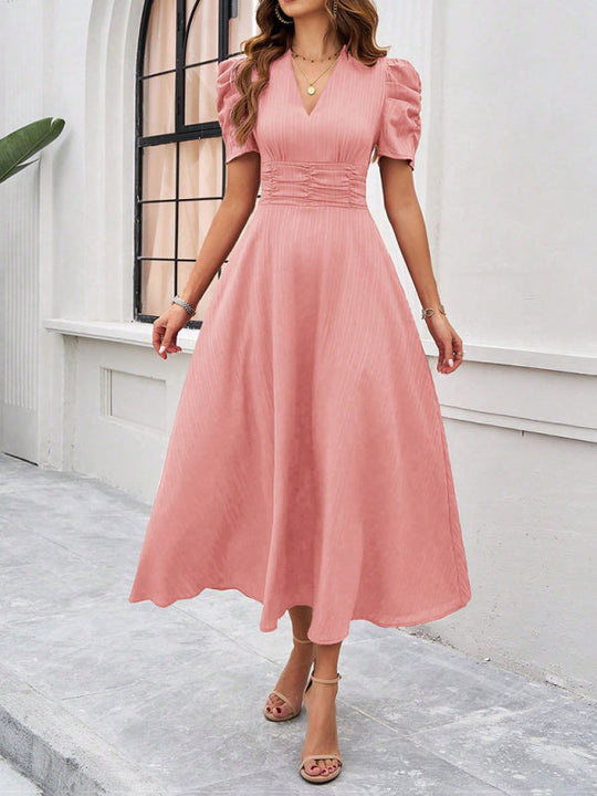 Damen Midi Kleid V-Ausschnitt Puffärmel A-Linie Hochwertiger Stoff 8