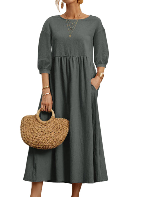 Damen Midikleid mit Rundhalsausschnitt und Laternenärmeln 0