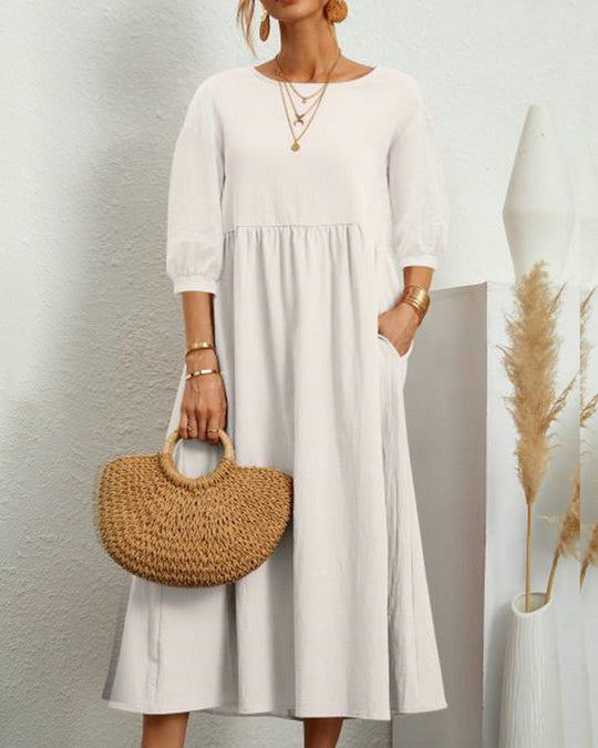 Damen Midikleid mit Rundhalsausschnitt und Laternenärmeln 1