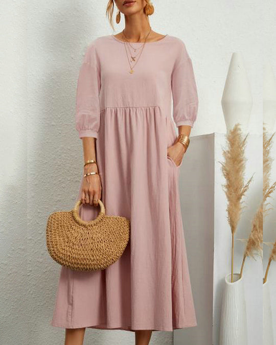 Damen Midikleid mit Rundhalsausschnitt und Laternenärmeln 2