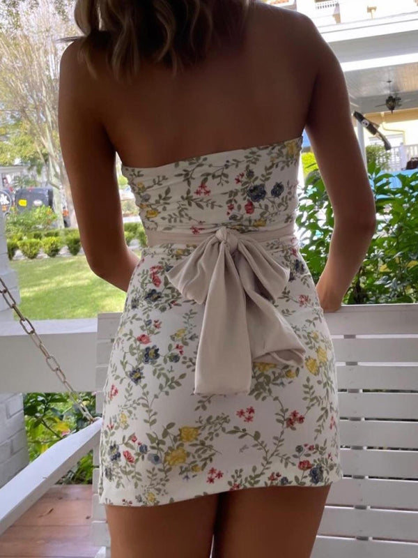 Damen Mini Kleid Floral Körperbetont Mit Abnehmbaren Rückengürtel 3