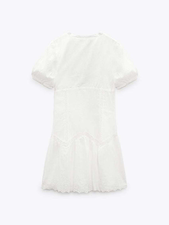 Damen Mini Kleid mit V-Ausschnitt und Puffärmeln aus Baumwollmischung 3