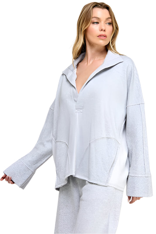 Damen Pullover V-Ausschnitt Dolman Ärmel Grau 0