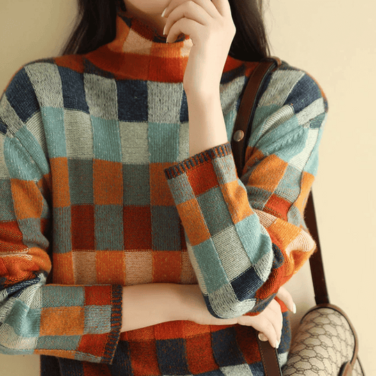 Damen Pullover mit Stehkragen und Patchwork-Design 5