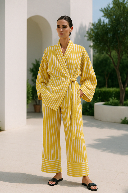 Damen Pyjama Set Lässiger Zweiteiliger Schlafanzug mit Wickelbluse und Weiten Hose aus leichtem Material 2