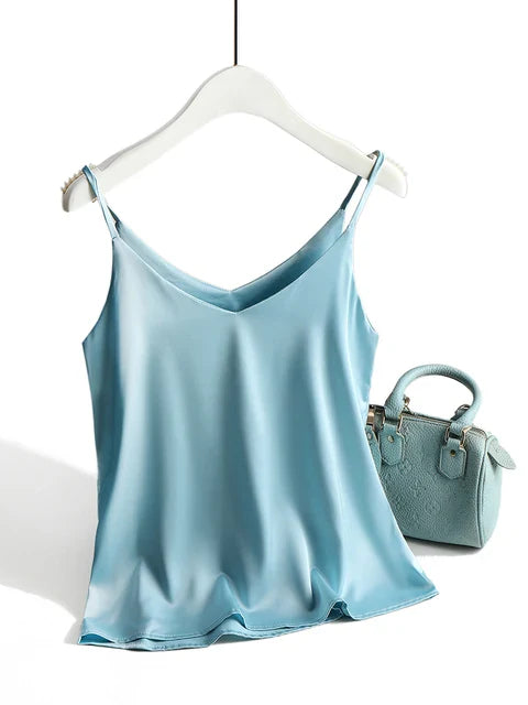 Damen Top V-Ausschnitt Satin Spaghettiträger Festlich Elegantes Glitzer Oberteil 1