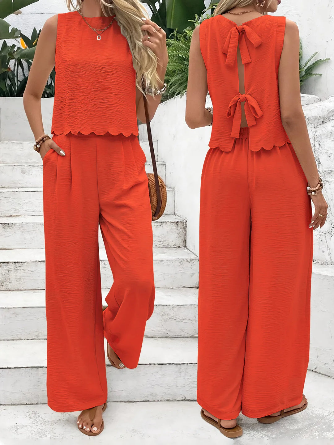 Damen Zweiteiler Set Leinen Ärmelloses Oberteil und Hose Sommer Outfit 4