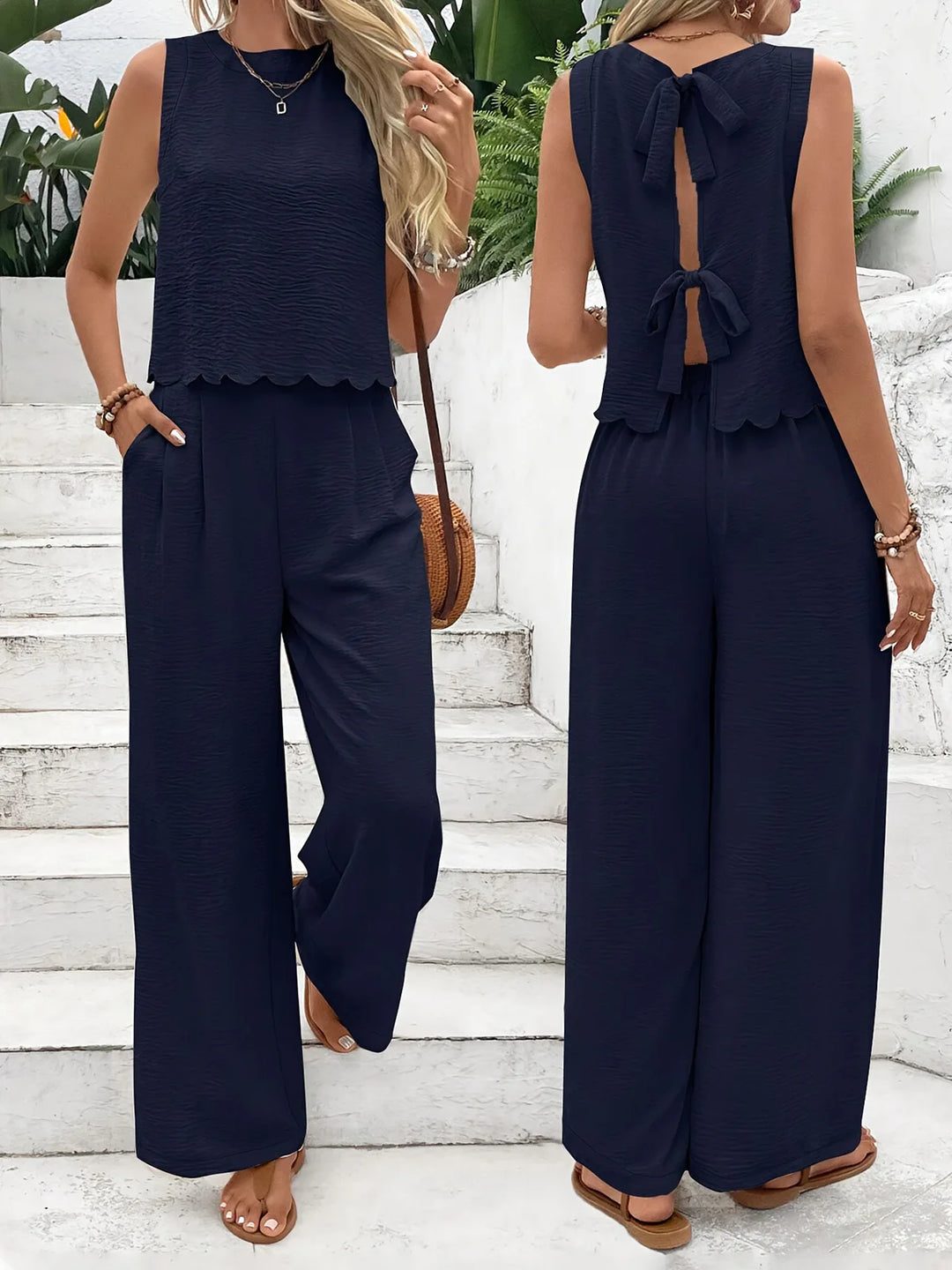 Damen Zweiteiler Set Leinen Ärmelloses Oberteil und Hose Sommer Outfit 5