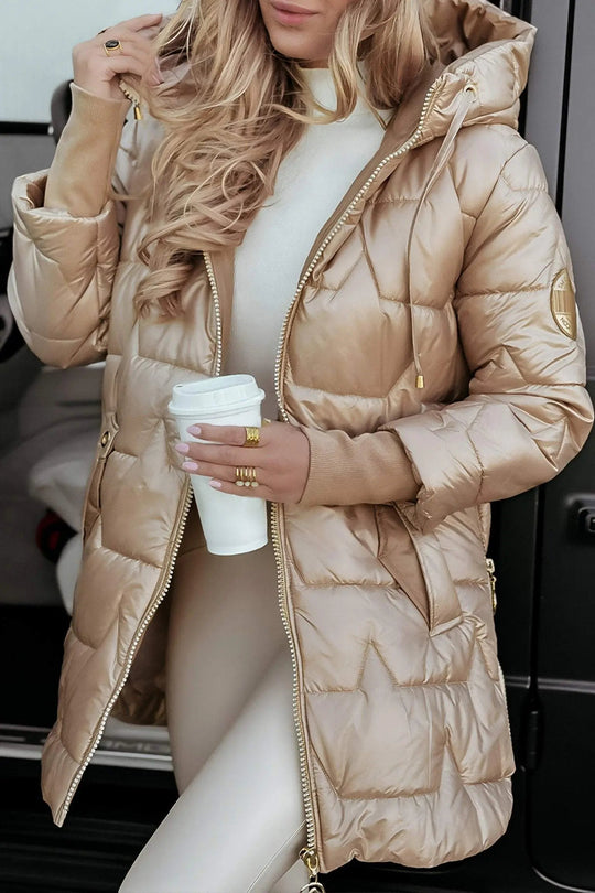 Damenjacke Lange Daunenjacke Mit Kapuze im Trendigen Metallic-Look 1