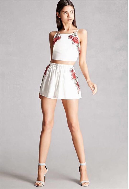 Floral Besticktes Crop Top Und Shorts Set