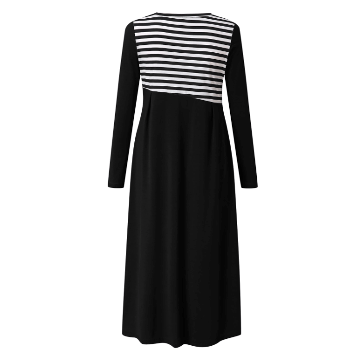 Gestreiftes Langärmeliges Patchwork-Kleid Für Damen