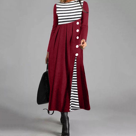 Gestreiftes Langärmeliges Patchwork-Kleid Für Damen