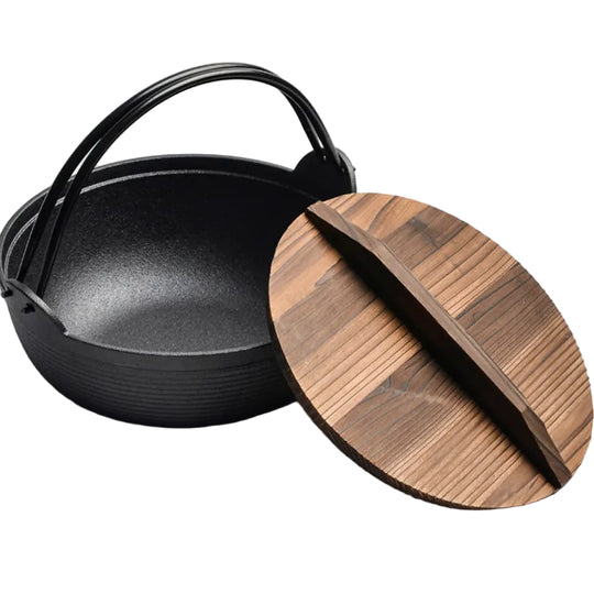 Gusseisen Wok mit Holzdeckel für vielseitiges Kochen 0
