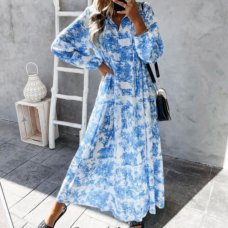 Damen Maxi Kleid Langarm V-Ausschnitt Rüschendetails Baumwollmischung-1